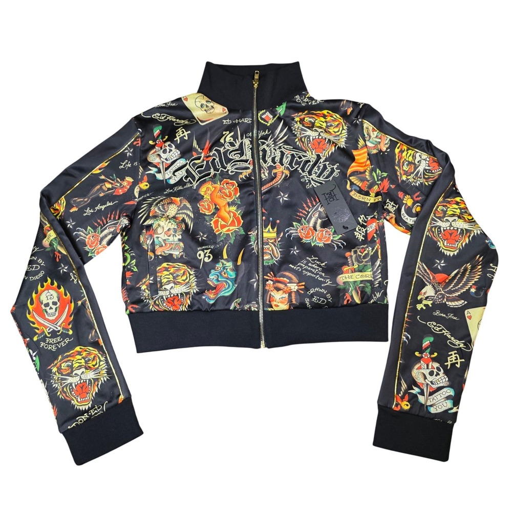 Ed Hardy Womens Tattoo Print Cropped Bomber Jacket Black Full Zip Track‎ L NWT